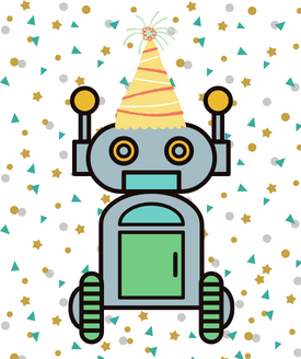 illustration of cute robot wearing party hat with confetti in background